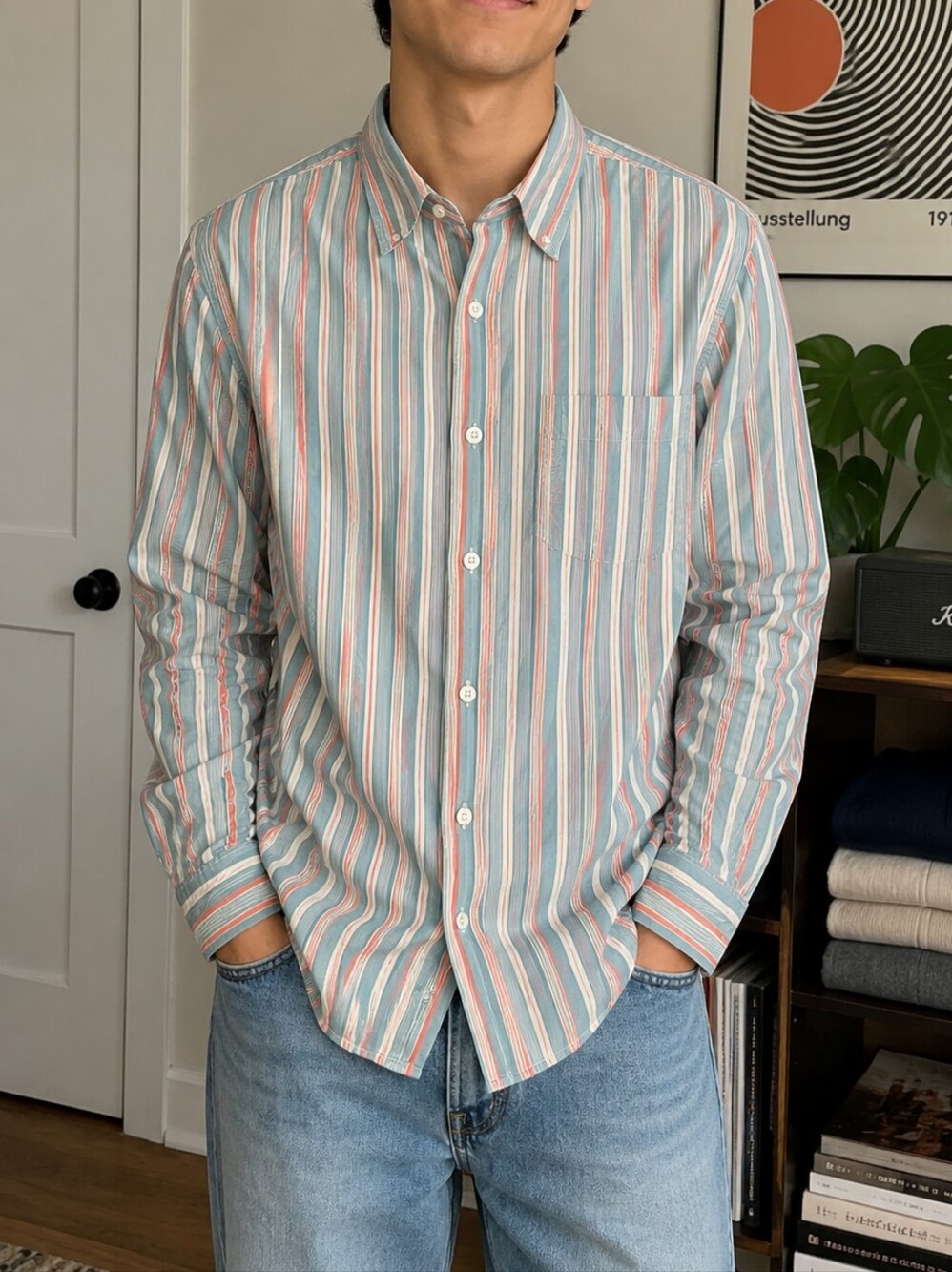 Tommy‎ Bahama Button Down Shirt Large Orange Blue Stripe Mens Long Sleeve